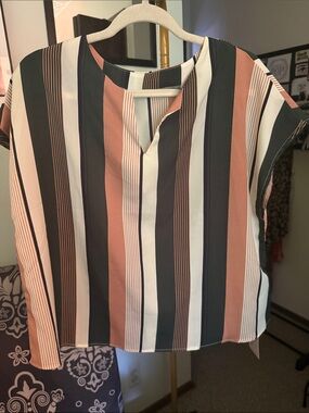 Emerald Vertical Stripe Split-Neck Blouse — Black, White & Rose